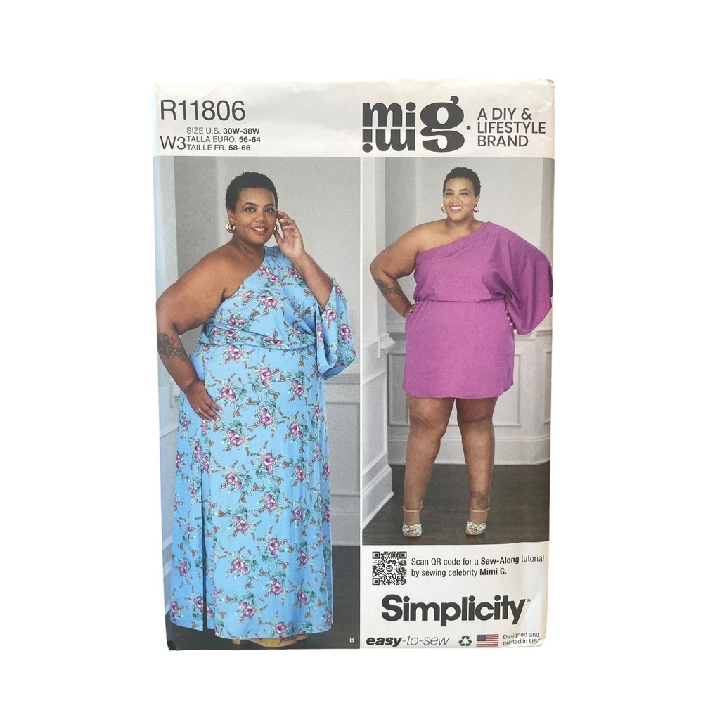 Simplicity R11806 Women's Caftan 30W-38W One Shoulder Easy-to-Sew Plus Size